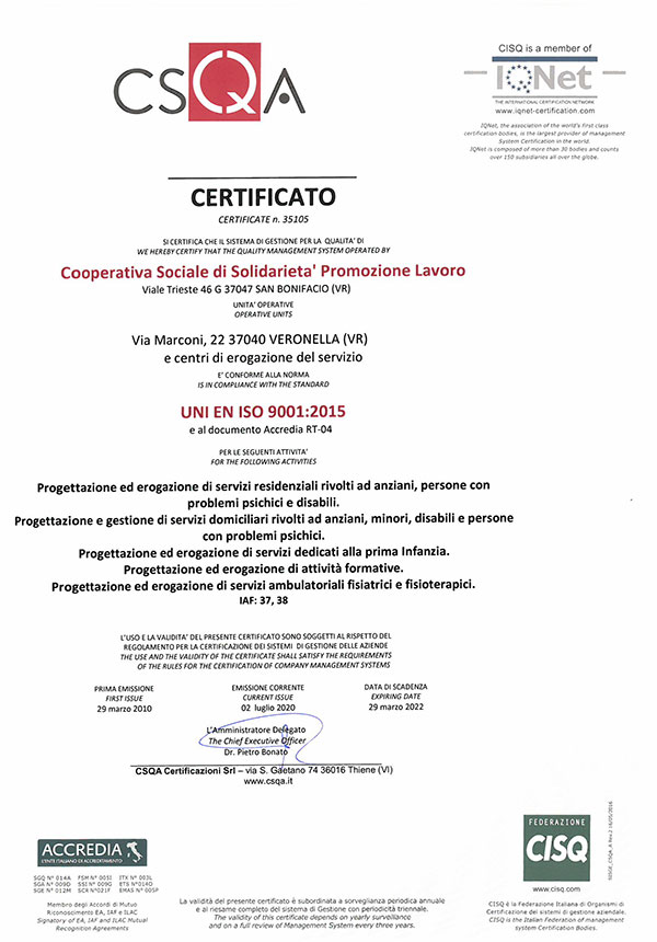 Certificati - Residenza per anziani Città di Roncade